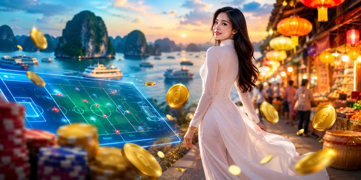 Người phụ nữ mặc áo dài trên vịnh Hạ Long sử dụng điện thoại đăng ký tài khoản cá cược trực tuyến